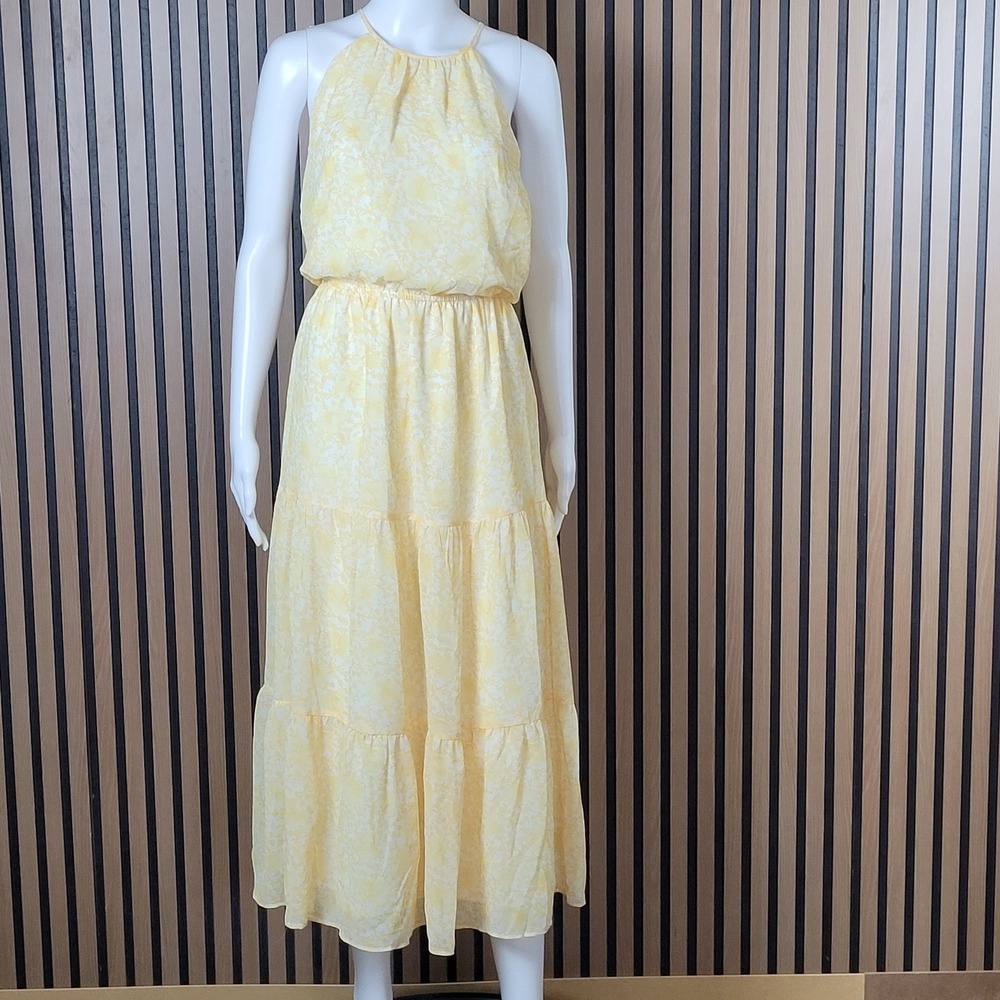 Steve Madden Halter Maxi Dress Floral Tiered Ruffle Yellow White Medium NWT